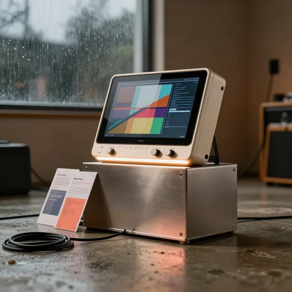 Monitor auf Stand, Motion-Boards und Kabel in regnerischem Studio mit warmem Licht