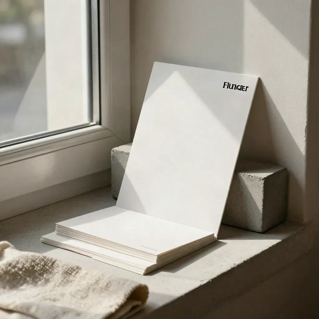 Marken-Set mit Logo-Karte, Stationery, Leinenstoff und Betonblock im warmen Studiolicht.