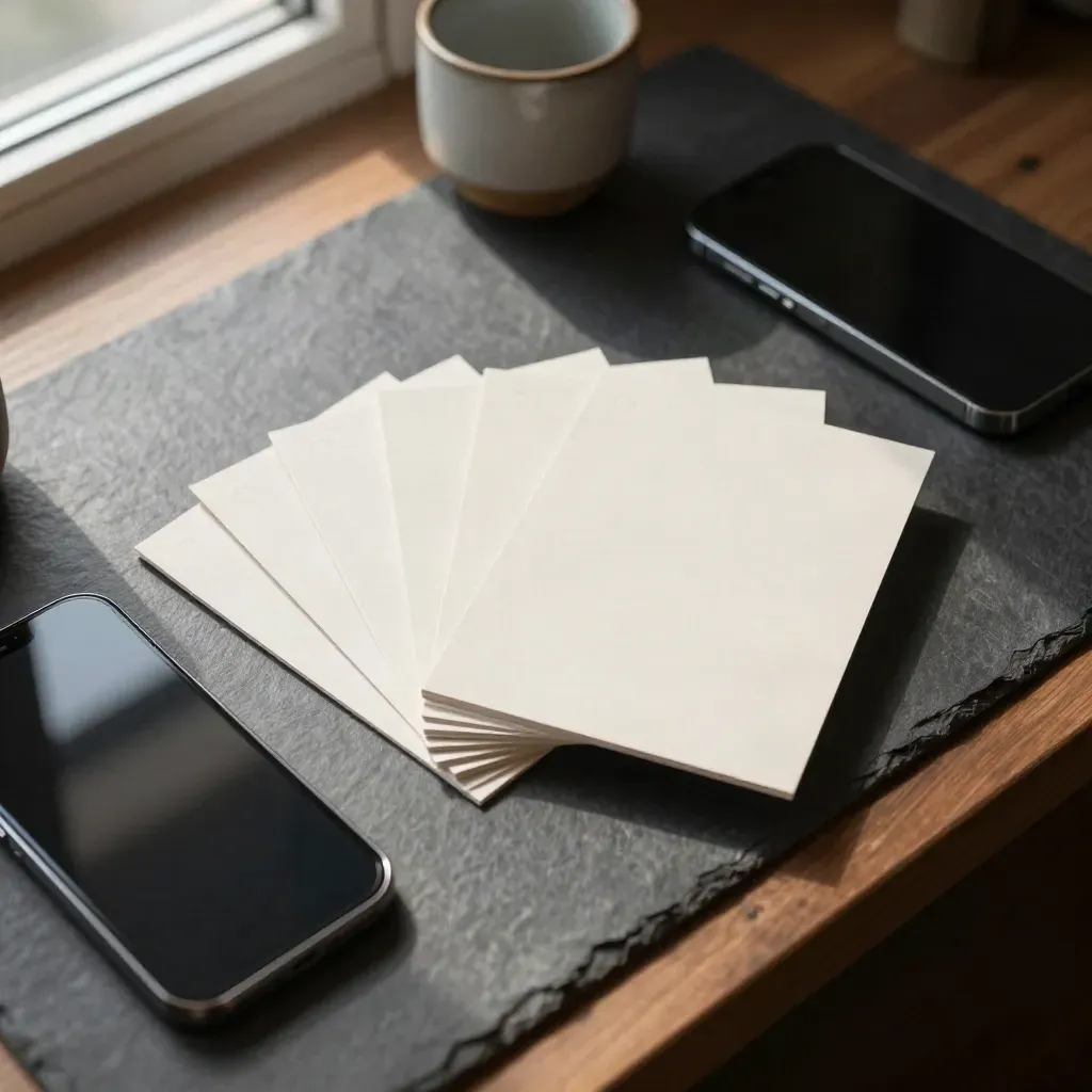 Social-Media-Mockups, zwei dunkle Smartphones, Kartenstapel und Tasse auf Charcoal-Werkbank.