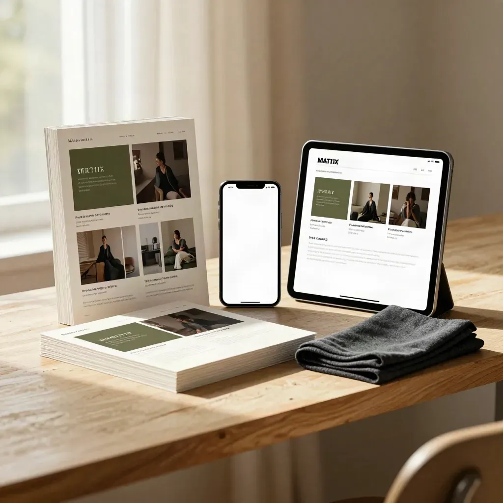Social-Mockups, Handy, Tablet und Stoff auf einem hellen Studiotisch im Sonnenlicht