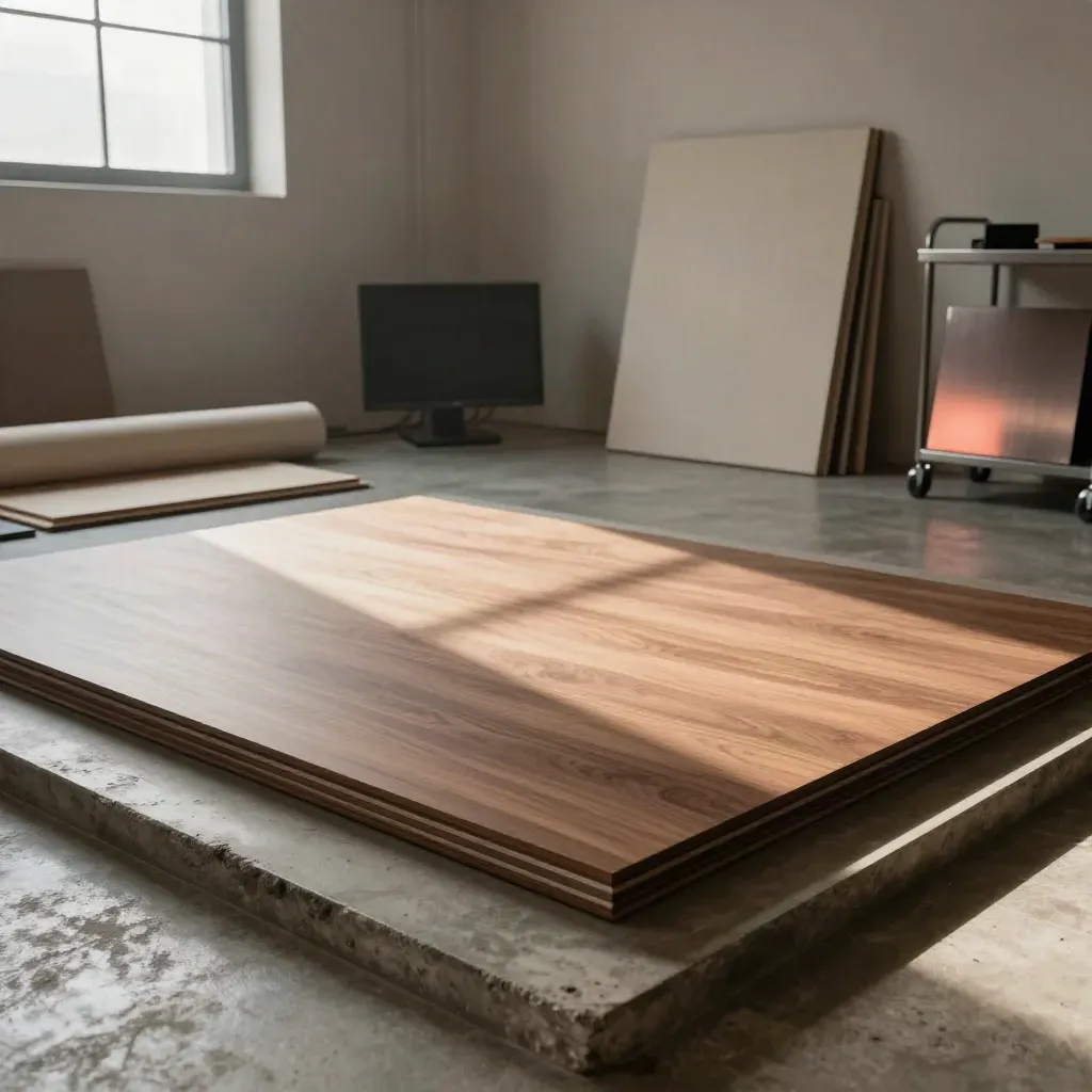 Dunkle Studioecke mit Sample-Boards, Monitor, Rollhintergrund und Haze im Seitenlicht.